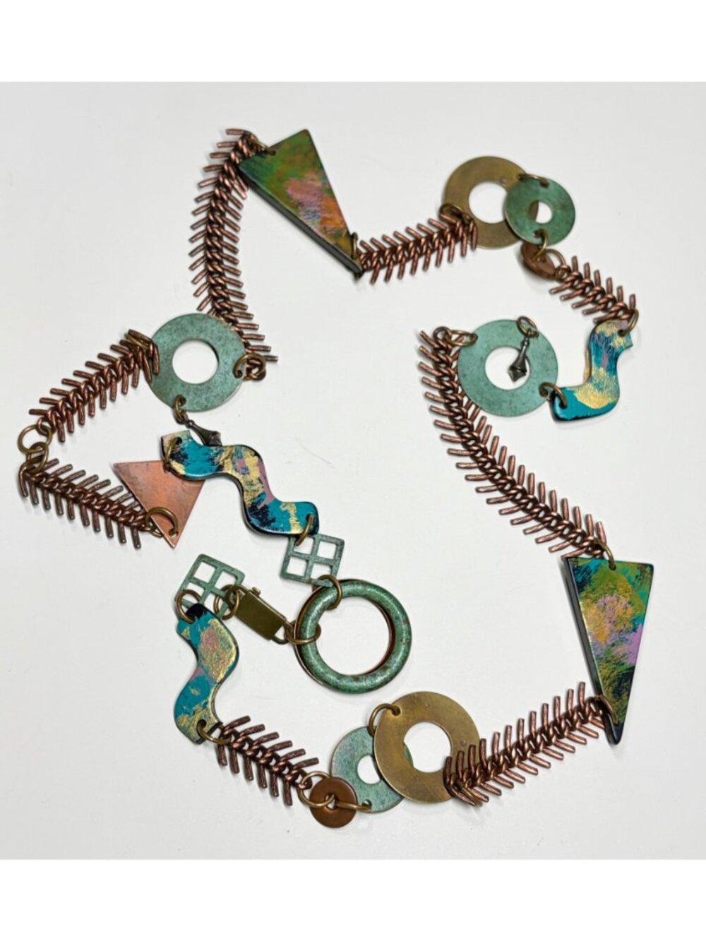 Statement Necklace Mixed Metal Copper Brass Multicolor Modernist Aprox 31 Inch - Picture 4 of 9